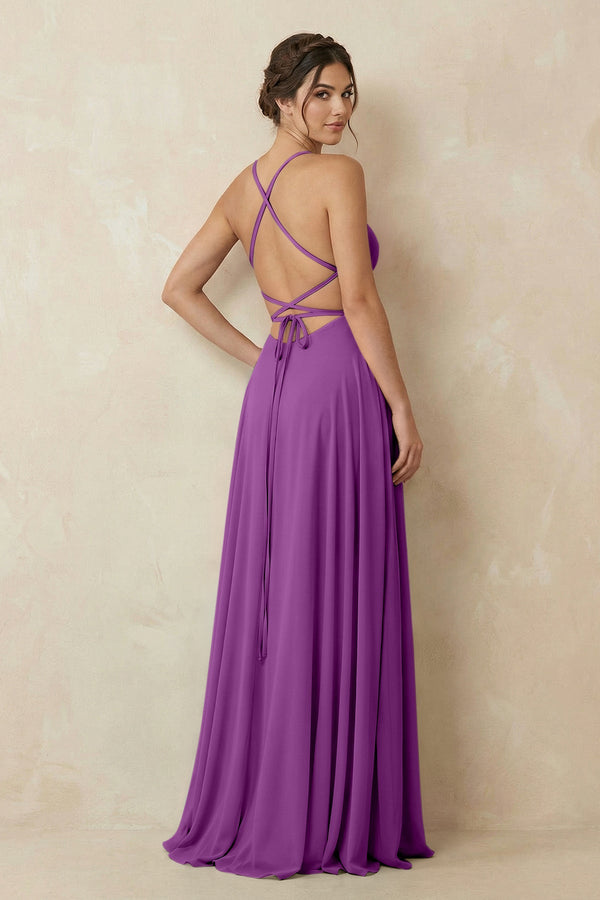 A - Line Chiffon Bridesmaid Dress With Slit in Amethyst - SHE IS ME Bridesmaid Dresses