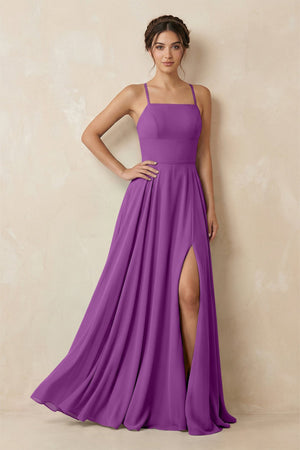 A - Line Chiffon Bridesmaid Dress With Slit in Amethyst - SHE IS ME Bridesmaid Dresses