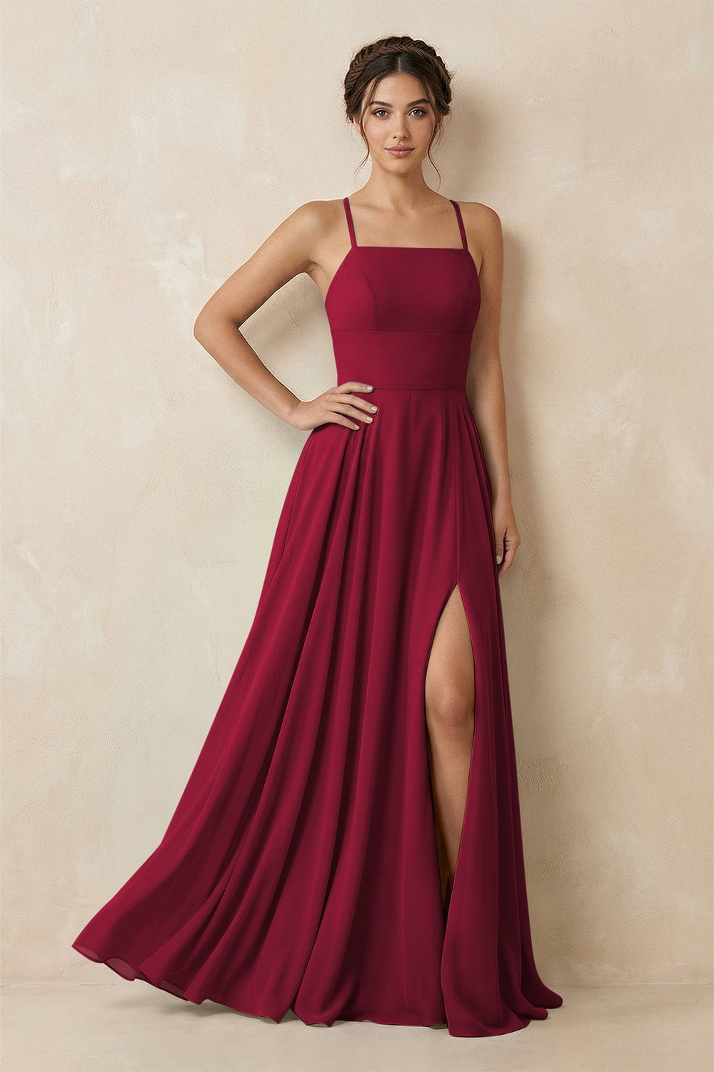 A - Line Chiffon Bridesmaid Dress With Slit in Berry - KISS BRIDAL Bridesmaid Dresses