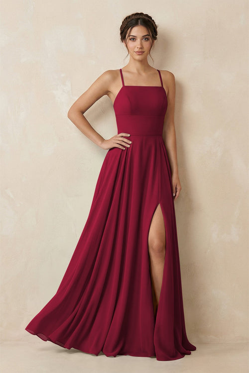 A - Line Chiffon Bridesmaid Dress With Slit in Berry - SHE IS ME Bridesmaid Dresses