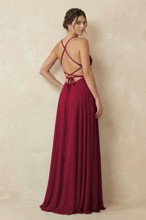A - Line Chiffon Bridesmaid Dress With Slit in Berry - SHE IS ME Bridesmaid Dresses