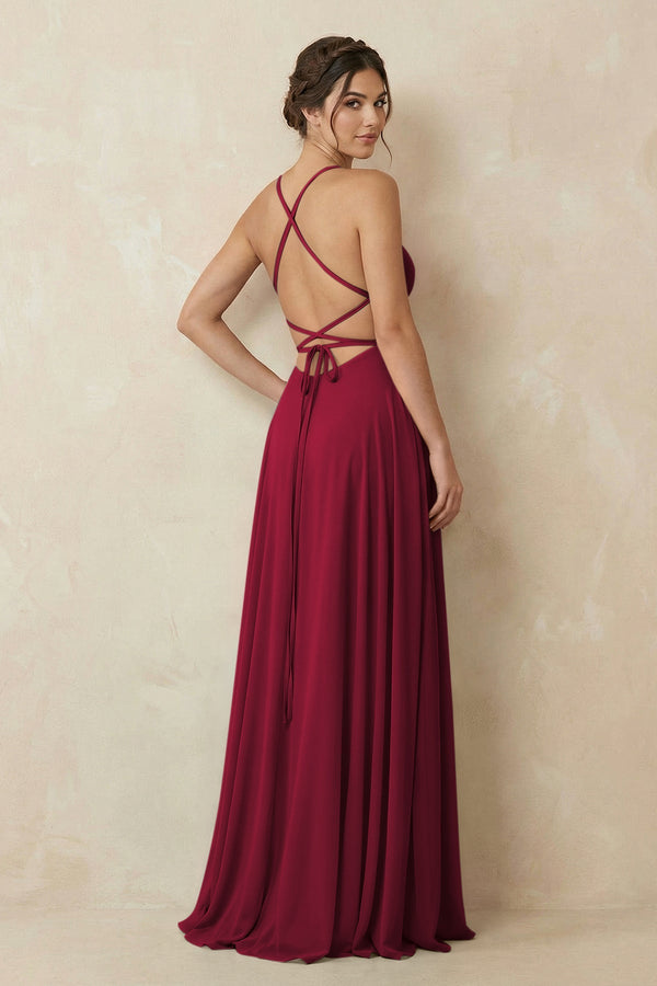A - Line Chiffon Bridesmaid Dress With Slit in Berry - SHE IS ME Bridesmaid Dresses
