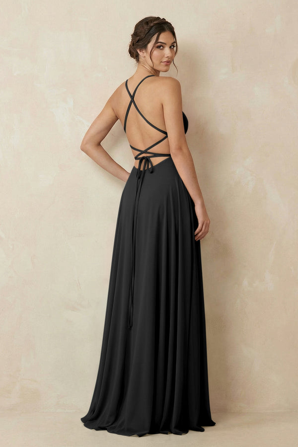A - Line Chiffon Bridesmaid Dress With Slit in Black - SHE IS ME Bridesmaid Dresses