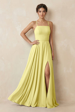 A - Line Chiffon Bridesmaid Dress With Slit in Buttercup - SHE IS ME Bridesmaid Dresses
