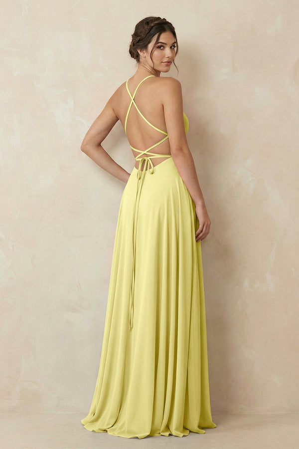 A - Line Chiffon Bridesmaid Dress With Slit in Buttercup - SHE IS ME Bridesmaid Dresses