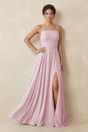A - Line Chiffon Bridesmaid Dress With Slit in Candy Pink - SHE IS ME Bridesmaid Dresses