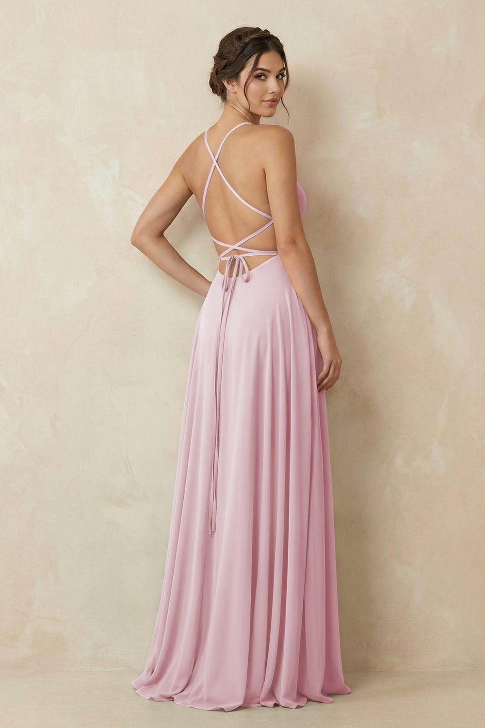 A - Line Chiffon Bridesmaid Dress With Slit in Candy Pink - KISS BRIDAL Bridesmaid Dresses