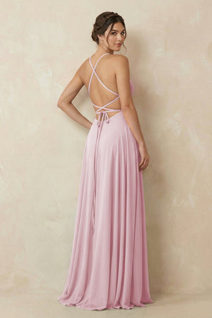 A - Line Chiffon Bridesmaid Dress With Slit in Candy Pink - SHE IS ME Bridesmaid Dresses