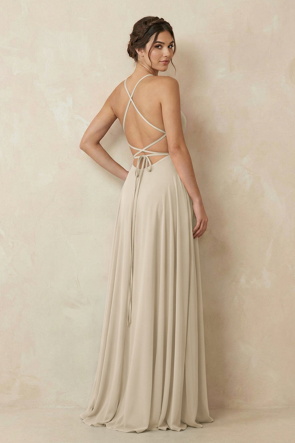 A - Line Chiffon Bridesmaid Dress With Slit in Champagne - KISS BRIDAL Bridesmaid Dresses