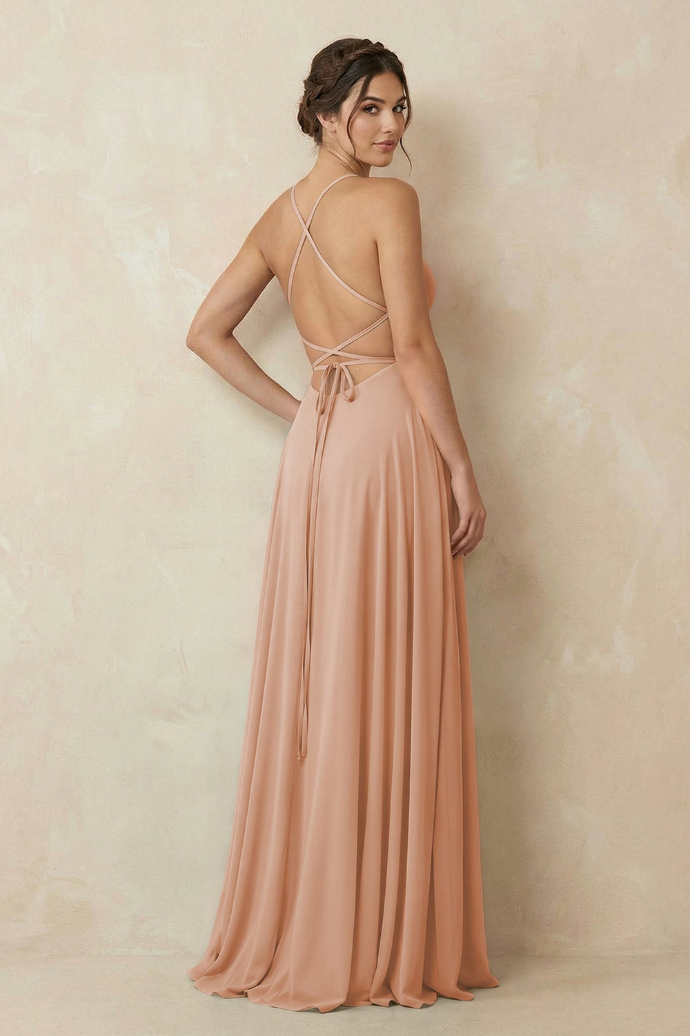 A - Line Chiffon Bridesmaid Dress With Slit in Champagne Rose - KISS BRIDAL Bridesmaid Dresses