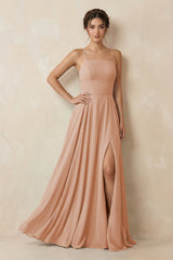 A - Line Chiffon Bridesmaid Dress With Slit in Champagne Rose - KISS BRIDAL Bridesmaid Dresses