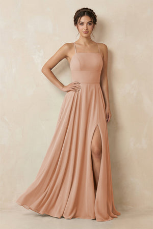 A - Line Chiffon Bridesmaid Dress With Slit in Champagne Rose - SHE IS ME Bridesmaid Dresses