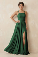A - Line Chiffon Bridesmaid Dress With Slit in Dark Green - SHE IS ME Bridesmaid Dresses