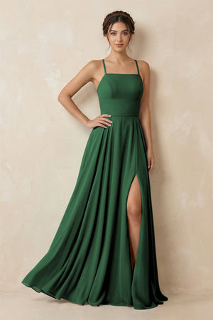 A - Line Chiffon Bridesmaid Dress With Slit in Dark Green - SHE IS ME Bridesmaid Dresses