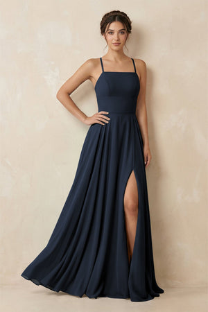 A - Line Chiffon Bridesmaid Dress With Slit in Dark Navy - SHE IS ME Bridesmaid Dresses