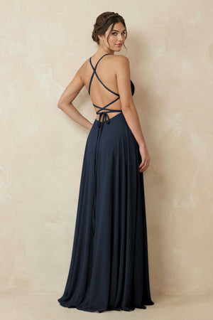 A - Line Chiffon Bridesmaid Dress With Slit in Dark Navy - SHE IS ME Bridesmaid Dresses