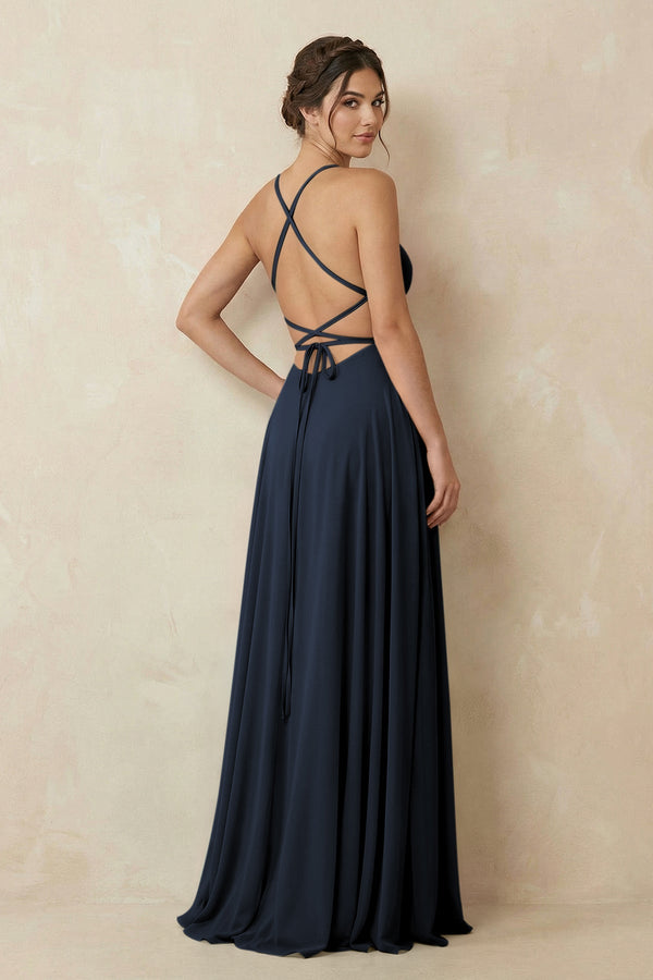 A - Line Chiffon Bridesmaid Dress With Slit in Dark Navy - SHE IS ME Bridesmaid Dresses