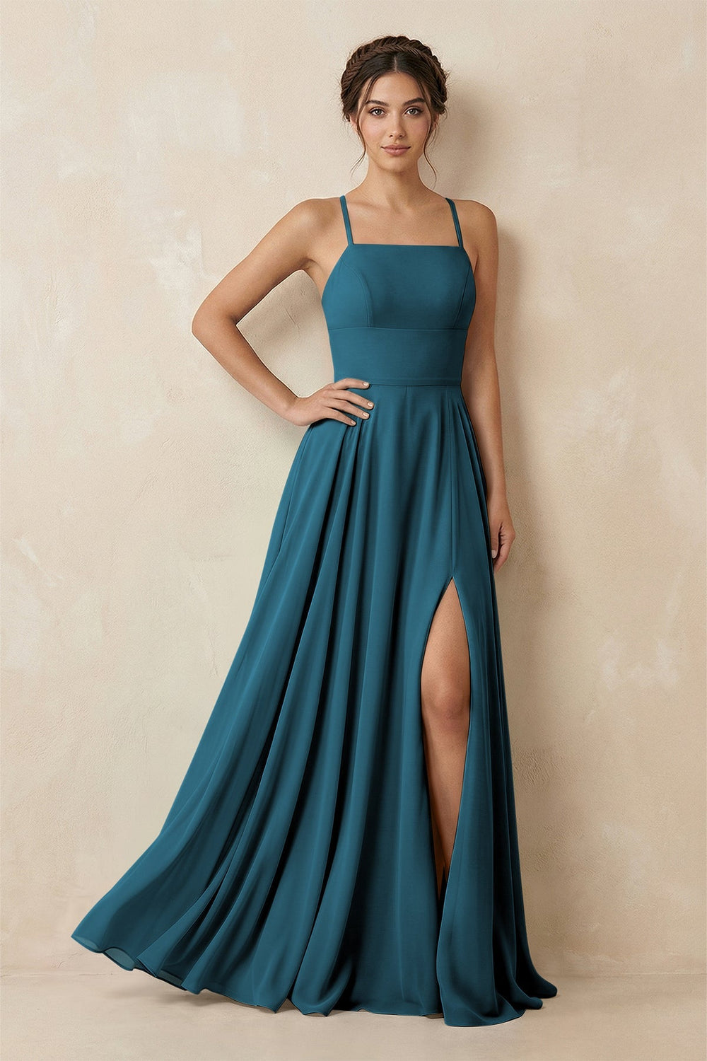 A - Line Chiffon Bridesmaid Dress With Slit in Dark Teal - KISS BRIDAL Bridesmaid Dresses
