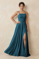 A - Line Chiffon Bridesmaid Dress With Slit in Dark Teal - SHE IS ME Bridesmaid Dresses