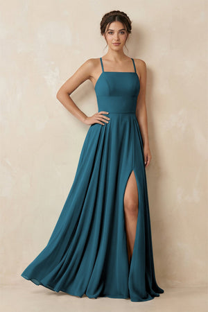 A - Line Chiffon Bridesmaid Dress With Slit in Dark Teal - SHE IS ME Bridesmaid Dresses