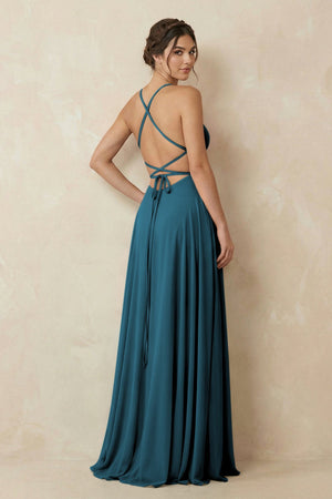 A - Line Chiffon Bridesmaid Dress With Slit in Dark Teal - SHE IS ME Bridesmaid Dresses
