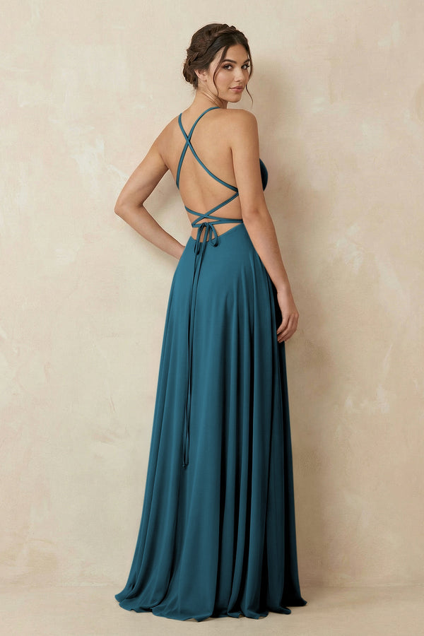A - Line Chiffon Bridesmaid Dress With Slit in Dark Teal - SHE IS ME Bridesmaid Dresses