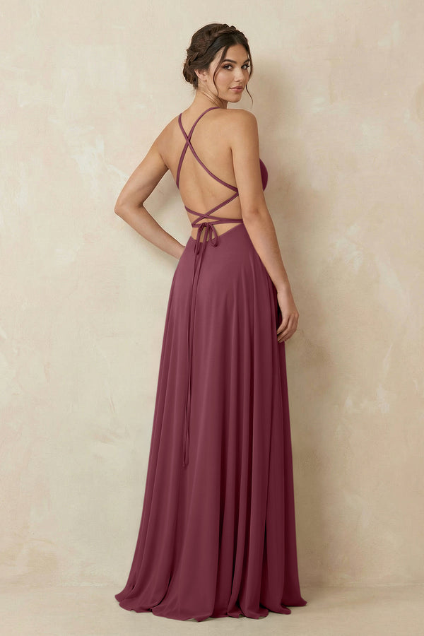 A-Line Chiffon Bridesmaid Dress With Slit in Desert Rose (2) | KISSBRIDAL