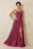 A - Line Chiffon Bridesmaid Dress With Slit in Desert Rose - SHE IS ME Bridesmaid Dresses