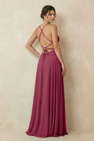 A - Line Chiffon Bridesmaid Dress With Slit in Desert Rose - SHE IS ME Bridesmaid Dresses