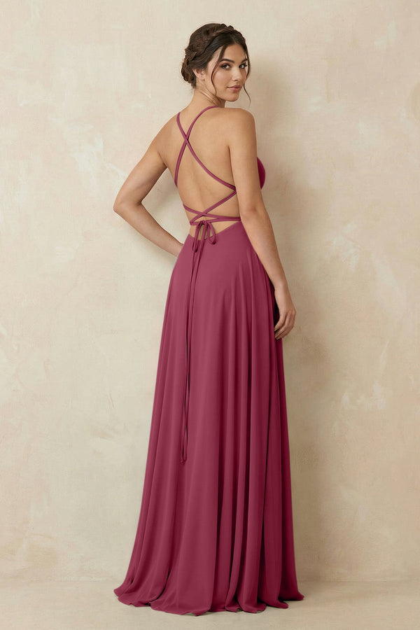 A - Line Chiffon Bridesmaid Dress With Slit in Desert Rose - SHE IS ME Bridesmaid Dresses