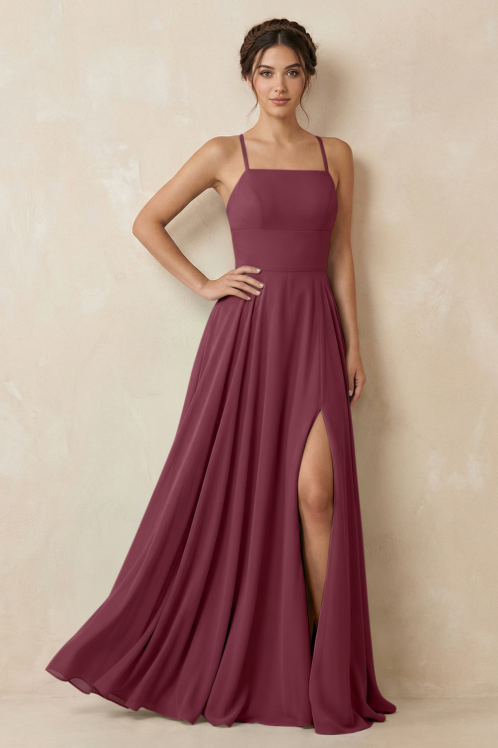A-Line Chiffon Bridesmaid Dress With Slit in Desert Rose