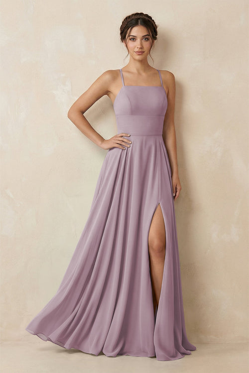 A - Line Chiffon Bridesmaid Dress With Slit in Dusk - SHE IS ME Bridesmaid Dresses