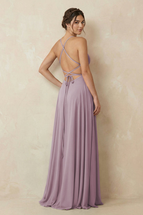 A - Line Chiffon Bridesmaid Dress With Slit in Dusk - SHE IS ME Bridesmaid Dresses