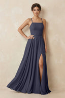 A - Line Chiffon Bridesmaid Dress With Slit in Dusk Blue - SHE IS ME Bridesmaid Dresses
