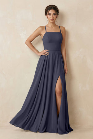 A - Line Chiffon Bridesmaid Dress With Slit in Dusk Blue - SHE IS ME Bridesmaid Dresses