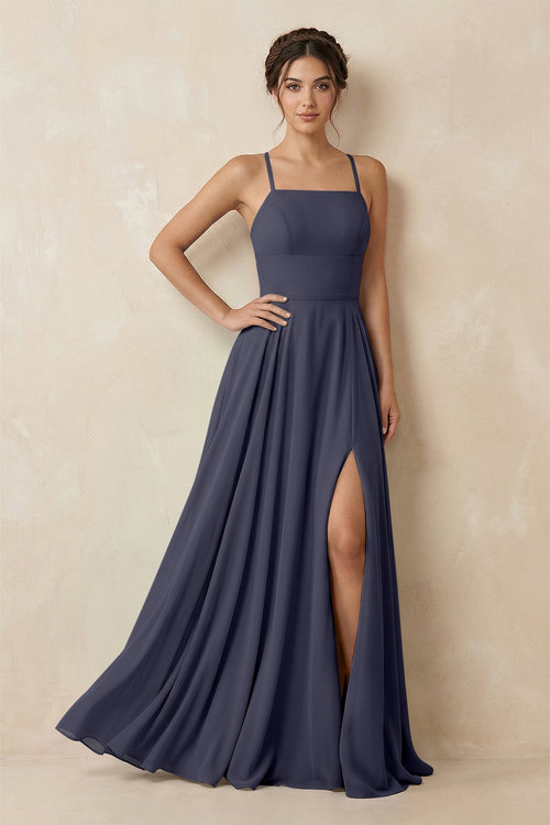 A - Line Chiffon Bridesmaid Dress With Slit in Dusk Blue - SHE IS ME Bridesmaid Dresses