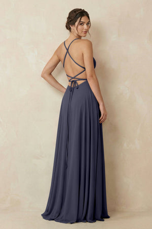 A - Line Chiffon Bridesmaid Dress With Slit in Dusk Blue - SHE IS ME Bridesmaid Dresses