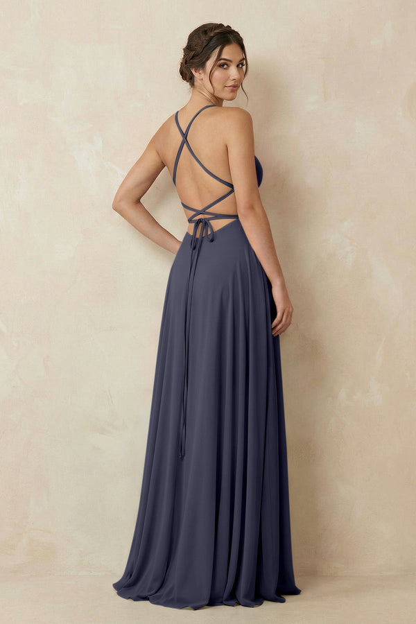 A - Line Chiffon Bridesmaid Dress With Slit in Dusk Blue - SHE IS ME Bridesmaid Dresses