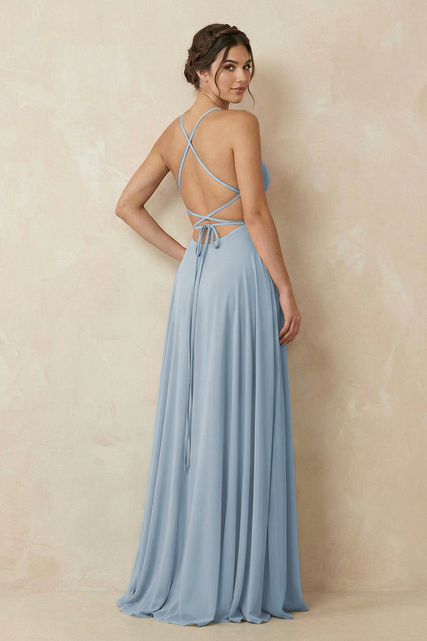 A - Line Chiffon Bridesmaid Dress With Slit in Dusty Blue - SHE IS ME Bridesmaid Dresses