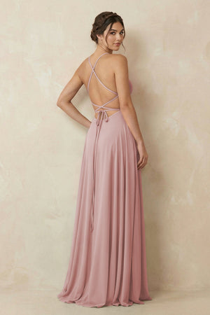 A - Line Chiffon Bridesmaid Dress With Slit in Dusty Rose - SHE IS ME Bridesmaid Dresses