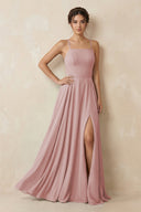 A - Line Chiffon Bridesmaid Dress With Slit in Dusty Rose - SHE IS ME Bridesmaid Dresses