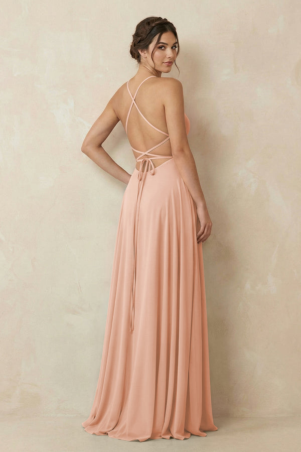 A - Line Chiffon Bridesmaid Dress With Slit in English Rose - SHE IS ME Bridesmaid Dresses