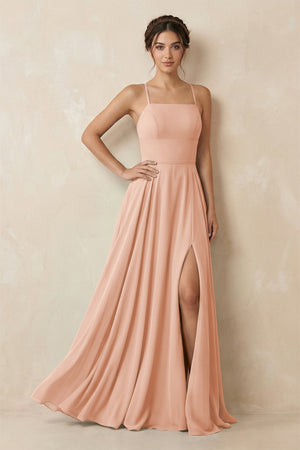 A - Line Chiffon Bridesmaid Dress With Slit in English Rose - SHE IS ME Bridesmaid Dresses