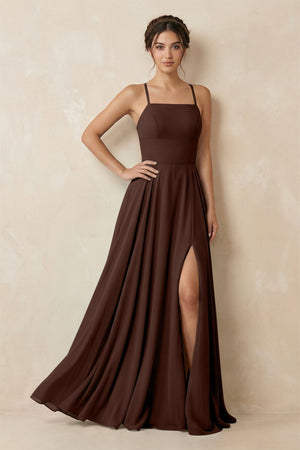A - Line Chiffon Bridesmaid Dress With Slit in Espresso - SHE IS ME Bridesmaid Dresses