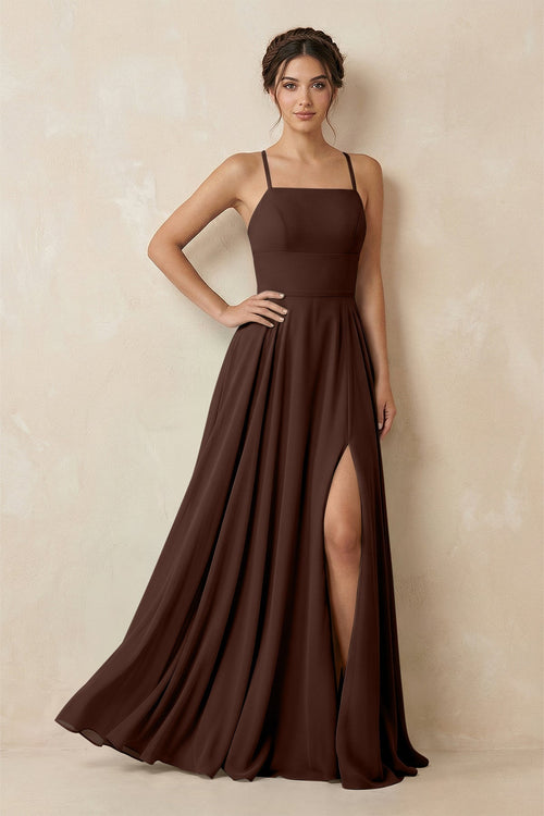 A - Line Chiffon Bridesmaid Dress With Slit in Espresso - SHE IS ME Bridesmaid Dresses