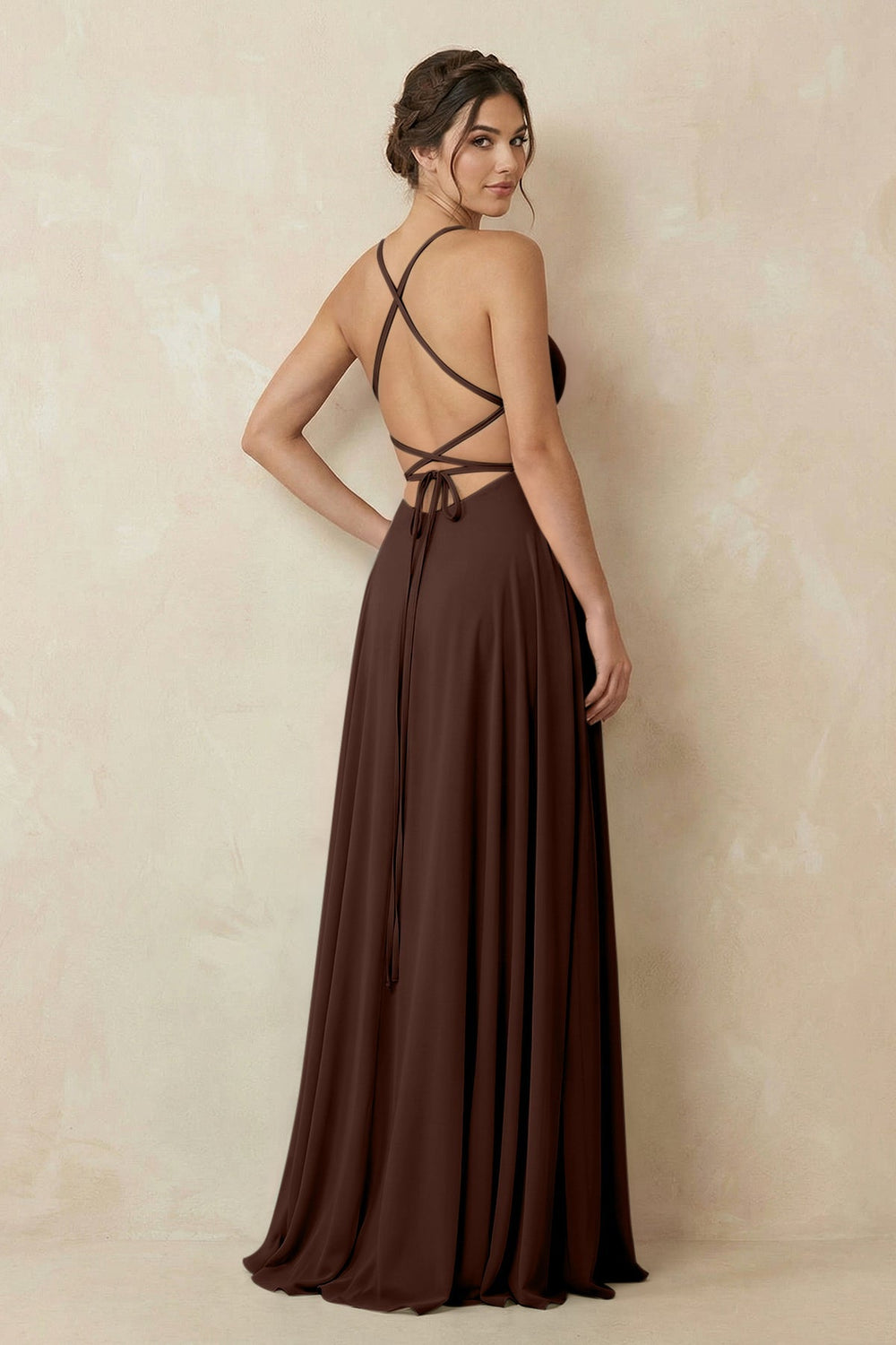 A - Line Chiffon Bridesmaid Dress With Slit in Espresso - KISS BRIDAL Bridesmaid Dresses