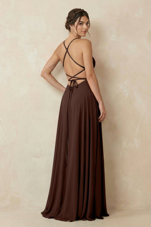 A - Line Chiffon Bridesmaid Dress With Slit in Espresso - SHE IS ME Bridesmaid Dresses