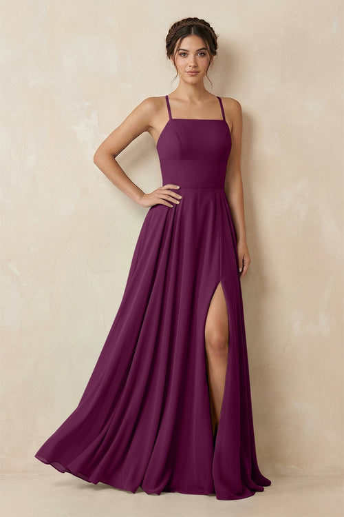 A - Line Chiffon Bridesmaid Dress With Slit in Fig - SHE IS ME Bridesmaid Dresses