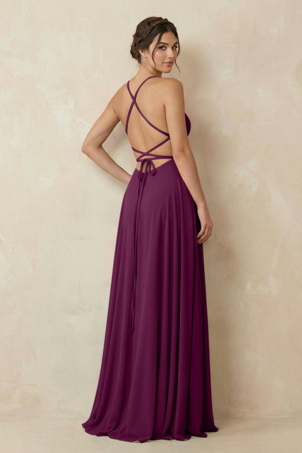 A - Line Chiffon Bridesmaid Dress With Slit in Fig - KISS BRIDAL Bridesmaid Dresses