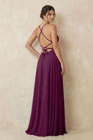 A - Line Chiffon Bridesmaid Dress With Slit in Fig - SHE IS ME Bridesmaid Dresses
